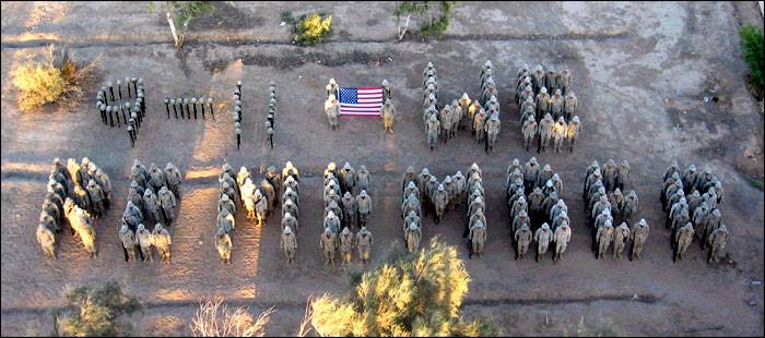 Photo taken 9/11/2003 in Iraq.  It shows some of the proud warriors of Baker Company, paying tribute to their fallen comrades.  Semper Fi!            Yes, it's real -- see http://www.truthorfiction.com/rumors/b/bakertributeto9-11.htm